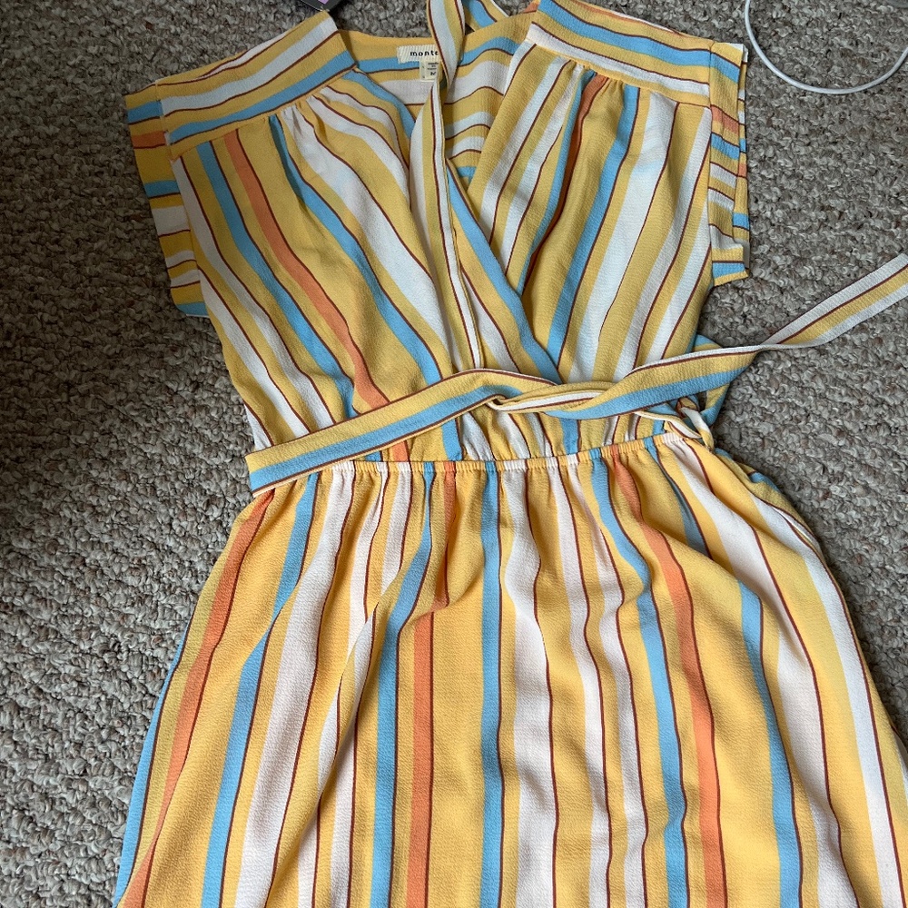 Yellow, Peach, Light blue Striped Monteau Dress.